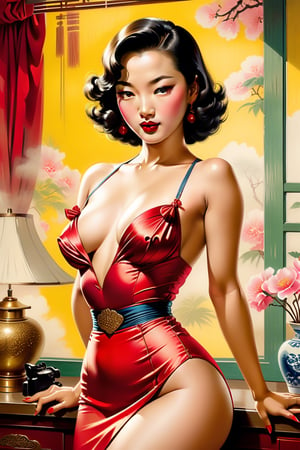 1937 Sweetheart; surrealistic insane  handsome Korean sweetheart, in her early forties, 
Perfect proportioned petite feminine body, detailed soulful eyes, perfect realistic textured expressive face, lush chest, 
tempting seducing look, sensuous juicy lips, gentle naughty smile, lips parting,
intricate detailed vintage pinup outfit, vibrant colors, 
Asia 1937, pinup art, pulp fiction art, asian, erotic, exotic, 
looking into camera, waist-up shot, fit to frame,  soft shadows, faded color, matte paint movie poster ragged crumbled faded edges,detailmaster2