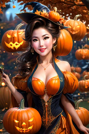Naughty Witchy Pumpkin  sweetheart,
feminine Cantonese mature Jane Li, perfect aged face, 43 years old,
adult body,busty, perfect proportioned body, hour glass figure, perfect lush boobs,  beautiful hips and butt and thighs and calves, nudity, nsfw,
detailed expressive face,finely detailed face, 
perfect eyes, finely detailed,  beautiful eyes (vibrant), lashes,
detailed soulful eyes, slightly tanned, finely detailed skin, perfect mouth, juicy lips,
Detailed ash brown hair, updo hair, hair tie, pony tail, 
wearing halloween dress, 
faint naughty smile, lips parting, looking surprised, gracefull, raising right brow,
provocative seductively relaxing outside,
1952's asian atmosphere, dark halloween atmosphere,color picture,  
natural light,  detailed reflection light,  volumetric lighting,  precise lineart,  cinematic,  beautiful,  ultra detailed,  colorful,  rich deep color,  glamour,  glow effects,  Vivid color,  Movie Still,  sharp focus,  masterpiece,  photo-realistic,  cinematic,  artistic color palette,  color grading,  Extremely detailed,  dynamic lighting,  sharp,  nsfw,  looking at viewer,  full body view from front left,  p3rfect boobs,  detailmaster2, 
