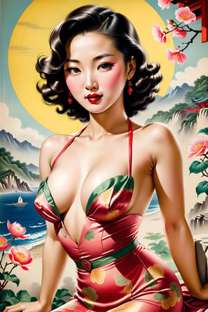 1937 Sweetheart; surrealistic insane  handsome Korean sweetheart, in her early forties, 
Perfect proportioned petite feminine body, detailed soulful eyes, perfect realistic textured expressive face, lush chest, 
tempting seducing look, sensuous juicy lips, gentle naughty smile, lips parting,
intricate detailed vintage pinup outfit, vibrant colors, 
Asia 1937, pinup art,  asian, erotic, exotic, 
looking into camera, waist-up shot, fit to frame,  soft shadows, faded color, matte paint movie poster ragged crumbled faded edges,detailmaster2