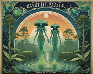 art nouveau inspired style poster, where will i be with my  born on the bayou ethereal lascivious extraterestrial alien elder lifeform when the earth stops spinning, fit to frame, sfw