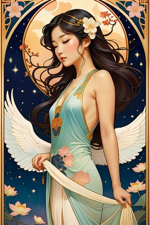 art nouveau inspired style poster, lonely days lonely nights where will i be without my  ethereal angelic asian woman,nsfw