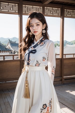 masterpiece, best quality, (intricate details:1.4), (perfect anatomy), 

(Korean traditional castle, Korean traditional houses:1.4), 

(a beautiful 32 years old korean lady:1.4), pale skin, 
(delicate:1.4), (detailed skin:1.4), (glossy eyes), (glossy lips), (shiny eyes), (shiny lips), (parted lips:1.4), 

([long hair:wavy hair:0.5]:1.3), {(large hair ribbon:1.2)|}, {(hair bangs:1.2)|}, {(hair pins:1.2)|}, (hair flower:1.2), 

(earrings:1.2), jewelry, 
({(floral)|}, (satin), hanbok:1.4), 

(looking at viewer, facing front:1.2),  
(cowboy shot:1.4), (arms behind back:1.4), 

{(wind, windy:1.4)|}, 
(smile), 
,epiC35mm,flashphoto, 