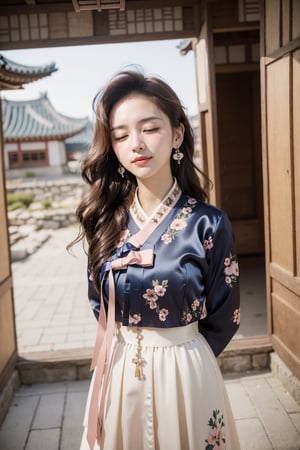 masterpiece, best quality, (intricate details:1.4), (perfect anatomy), 

(Korean traditional castle, Korean traditional houses:1.4), 

(a beautiful 32 years old korean lady:1.4), pale skin, 
(delicate:1.4), (detailed skin:1.4), (glossy eyes), (glossy lips), (shiny eyes), (shiny lips), (parted lips:1.4), 

([long hair:wavy hair:0.5]:1.3), {(large hair ribbon:1.2)|}, {(hair bangs:1.2)|}, {(hair pins:1.2)|}, (hair flower:1.2), 

(earrings:1.2), jewelry, 
({(floral)|}, (satin), pink hanbok:1.4), 

(looking at viewer, facing front:1.2),  
(cowboy shot:1.4), (arms behind back:1.4), 

{(wind, windy:1.4)|}, 
(light smile:1.2), (closed eyes:1.4), 
,epiC35mm,flashphoto, ,hanbok