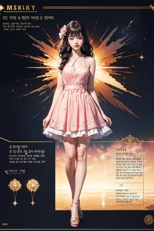 best quality, masterpiece, (intricate details), fantasy, 
simple background, (reference sheet:1.2), (infographics:1.2), (blueprint:1.2), 
(a pretty 24 years old korean girl), pale skin, hourglass body, 

long wavy red_hair, hair_flower, (airy bangs:1.4), (hair_pins), 
floral printed satin pink ruffle dress, high heels, flower, 
ornamentation, jewelry, (glitter, glow:1.4), (lens flare:1.4),  
standing, static pose, (arms behind back:1.4), 
(full body), 
light smile, 
postcard, (galaxy, milky way:1.2), stars,