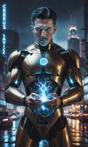 best quality, masterpiece, delicate, intricate details, perfect hands, 
(Nikola Tesla) holding a fractal electrical core, 
ironman suit, mechanical part, cybernetics, 
cityscape of cyberpunk Seoul, (raining:1.2), (night:1.2), dramatic lighting, lightning, thunderstorm, 
wet, soaked, 
