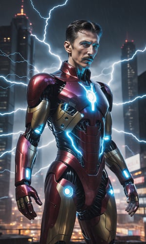 best quality, perfect hands, 
(glittering Nikola Tesla holding a fractal electrical core), 
highly detailed ironman suit, mechanical part, cybernetics, 
cityscape of cyberpunk Seoul, (raining:1.2), (night:1.2), dramatic lighting, lightning, thunderstorm, 
wet, soaked, 