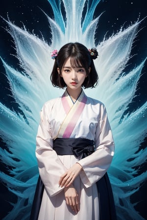 masterpiece, best quality, 
official art, (beautiful and aesthetic:1.2), 
(a cute korean girl), (abstract:1.4, fractal art:1.3), (black hair:1.1), fate \(series\), colorful, magic, lightning, (splash art:1.2), jewelry:1.4, (hanbok:1.4), scenery, ink,
