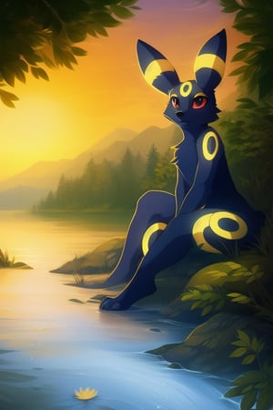 best quality, ultra detailed , fur by hioshiru , masterpiece , detailed background , river ,  perfect eyes , shadows , flowers  , sunset , wallpaper , fur shadows, umbreon 