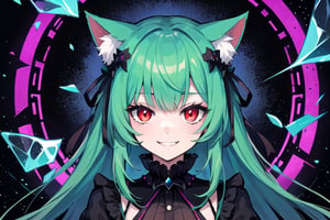 1girl,solo,cat ears, animal ears,green hair, middle hair,small breasts,red eyes, glowing,glowing eyes,gothic_lolita,gothic,evil smile,crazy smile,(abstract art:1.3,psychedelia theme:1.2),castle background ,glass fragments, (glass splinter in the air:1.1)