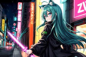 anime girl with dark blue eyes is wearing black, 1girl, solo, animal ears, smile, green hair,coat, long hair, glowing, grin,from back, glowing eyes, black jacket,:), long sleeves, hair between eyes, bangs,night street, cowboy shot,neon halo,light saber,neon palette