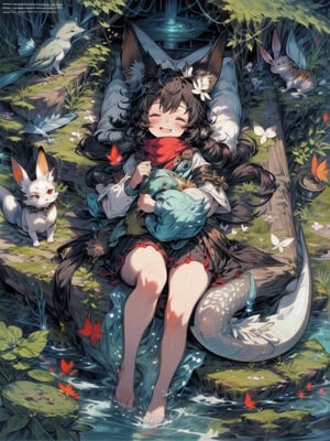 best quality, masterpiece, illustration, 1 girl, solo, full body, blank background, (Fantasy world style: 1.1), (Animal ear: 1.1), tail, (Cute style: 1.1), fish, dragon, bird, cat, rabbit, mouse, butterfly, fox, downy, closed eyes,sleeping,light smile,cute