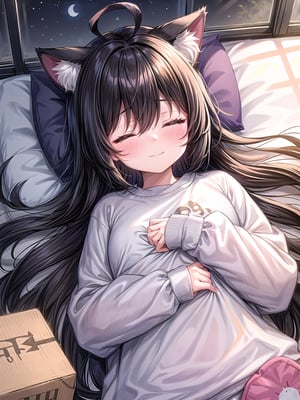 1girl, solo, long hair, blush, bangs, shirt, long sleeves, animal ears, hair between eyes,closed eyes, ahoge, lying, black hair, indoors, cat ears, animal ear fluff, pillow, window, night, sleeping, box, night sky, facing viewer, in container, on back,cardboard box,light smile 