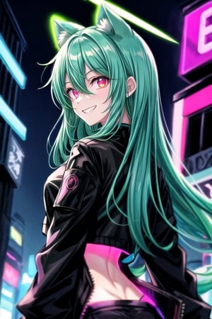 anime girl with bright green eyes is wearing black and neon pink, 1girl, solo, animal ears, smile, green hair, jacket, long hair, glowing, grin,from back, glowing eyes, black jacket, red eyes, evil smile, crazy smile, long sleeves, hair between eyes, bangs,evangelion,neon lighting background,(neon halo:1.2),night street