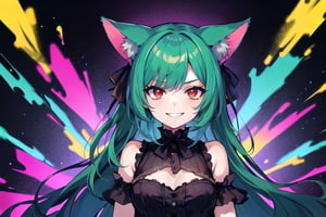 1girl,solo,cat ears, animal ears,green hair, middle hair,small breasts,red eyes, glowing,glowing eyes,gothic_lolita,gothic,evil smile,crazy smile,(abstract art:1.3,psychedelia theme:1.2),castle background ,glass fragments, (glass splinter in the air:1.1),upper_body