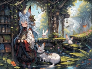 best quality, masterpiece, illustration, 1 girl, solo, full body, blank background, (Fantasy world style: 1.1), (Animal ear: 1.1), tail, (Cute style: 1.1), fish, dragon, bird, cat, rabbit, mouse, butterfly, fox, downy, closed eyes,sleeping,light smile,cute