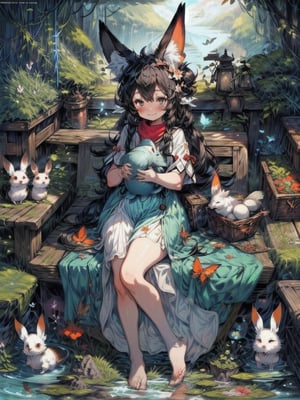 best quality, masterpiece, illustration, 1 girl, solo, full body, blank background, (Fantasy world style: 1.1), (Animal ear: 1.1), tail, (Cute style: 1.1), fish, dragon, bird, cat, rabbit, mouse, butterfly, fox, downy, sleeping,night,light smile,cute