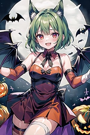 1girl,solo,green hair, short hair,red eyes,open mouth, animal ears, bandages arms, bandages hands,outstretched hand,Halloween,evil smile, crazy smile,halloween,vampire,devil