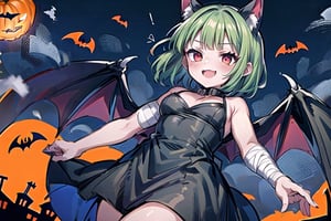 1girl,solo,green hair, short hair,red eyes, growing eyes,open mouth, animal ears, bandages arms, bandages,outstretched hand,Halloween,evil smile, crazy smile,halloween,vampire,flying in sky,from below 