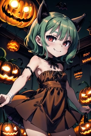 1girl,solo,green hair, short hair,red eyes,open mouth, animal ears, bandages arms, bandages hands,outstretched hand,jack-o-lantern,Halloween,nighttime, evil smile, crazy smile,evil face,halloween