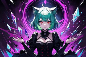 1girl,solo,cat ears, animal ears,green hair, middle hair,small breasts,red eyes, glowing,glowing eyes,gothic_lolita,gothic,evil smile,crazy smile,(abstract art:1.3,psychedelia theme:1.2),castle background ,glass fragments, (glass splinter in the air:1.1),upper_body