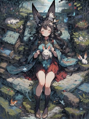 best quality, masterpiece, illustration, 1 girl, solo, full body, blank background, (Fantasy world style: 1.1), (Animal ear: 1.1), tail, (Cute style: 1.1), fish, dragon, bird, cat, rabbit, mouse, butterfly, fox, downy, closed eyes,sleeping,night,light smile,cute