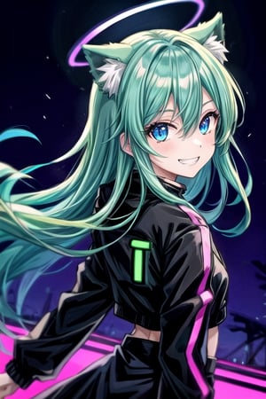 anime girl with bright blue eyes is wearing black and neon pink, 1girl, solo, animal ears, smile, green hair, jacket, long hair, glowing, grin,from back, glowing eyes, black jacket, evil smile, crazy smile, long sleeves, hair between eyes, bangs,evangelion,neon lighting background,halo,neon,night street
