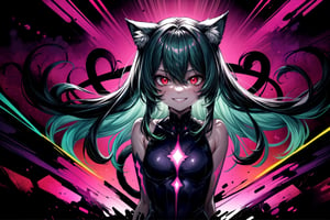 1girl,solo,cat ears, animal ears,green hair, middle hair,small breasts,red eyes, glowing,glowing eyes,evil smile,crazy smile,(abstract art:1.3,psychedelia theme:1.2)