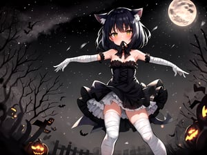 1girl,solo, black hair,short hair,cat ears, animal ears,small breasts, Halloween lolita,white bandages,bandages arms,bandages hands, bandages legs,bare shoulders,spooky pose, arms_outstretched,Halloween,night,mouth_open 