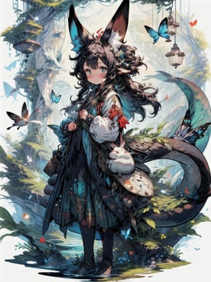 best quality, masterpiece, illustration, 1 girl, solo, full body, blank background, (Fantasy world style: 1.1), (Animal ear: 1.1), tail, (Cute style: 1.1), fish, dragon, bird, cat, rabbit, mouse, butterfly, fox, downy