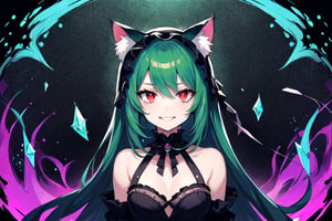 1girl,solo,cat ears, animal ears,green hair, middle hair,small breasts,red eyes, glowing,glowing eyes,gothic_lolita,gothic,evil smile,crazy smile,(abstract art:1.3,psychedelia theme:1.2),castle background ,glass fragments, (glass splinter in the air:1.1),upper_body