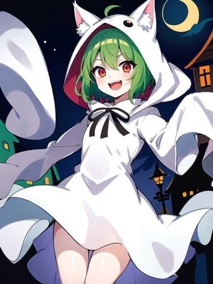 ghost costume, white sleeves past wrists, Halloween, evil smile, crazy smile,night,green hair, short hair,red eyes,1girl,solo,open mouth, animal ears