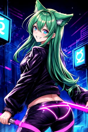 anime girl with dark blue eyes is wearing black and neon pink, 1girl, solo, animal ears, smile, green hair, jacket, long hair, glowing, grin,from back, glowing eyes, black jacket, evil smile, crazy smile, long sleeves, hair between eyes, bangs,evangelion,lightsaber,neon lighting,night street, cowboy shot,neon palette