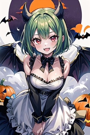 1girl,solo,green hair, short hair,red eyes,open mouth, animal ears, bandages arms, bandages hands,outstretched hand,Halloween,evil smile, crazy smile,halloween,vampire, standing,bat wings