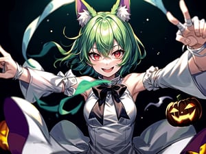 ghost costume, white sleeves past wrists, evil smile, crazy smile,night,green hair, short hair,red eyes,1girl,solo,open mouth, animal ears, bandages arms, bandages hands,outstretched hand,jack-o-lantern,Halloween