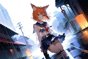 dynamic angle, raining, heavy rain,blurry_background,seifuku,wet_clothing,see-through ,solo, animal ears,fox ears, orange hair,red eyes, glowing eyes,full body ,masterpiece, best quality, aesthetic