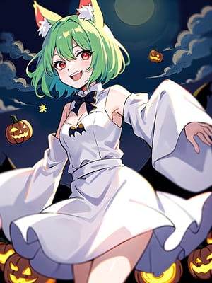 ghost costume, white sleeves past wrists, Halloween, evil smile, crazy smile,night,green hair, short hair,red eyes,1girl,solo,open mouth, animal ears, pumpkin shape on clothes 