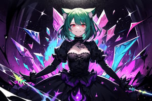 1girl,solo,cat ears, animal ears,green hair, middle hair,small breasts,red eyes, glowing,glowing eyes,gothic_lolita,gothic,evil smile,crazy smile,(abstract art:1.3,psychedelia theme:1.2),castle background ,glass fragments, ((glass splinter in the air))