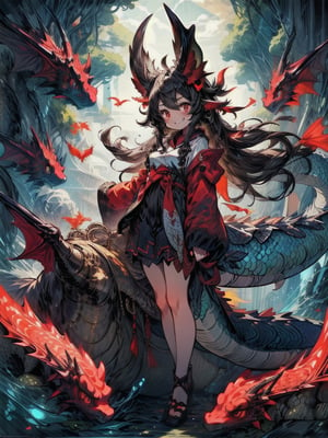 best quality, masterpiece, illustration, 1 girl, solo, full body, blank background, (Animal ear: 1.1), dragon eats, dragon tail,dragon wings,(dragon scales:1.2), dragon girl, dragon, downy,red eyes, glowing eyes, crazy smile