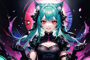 1girl,solo,cat ears, animal ears,green hair, middle hair,small breasts,red eyes, glowing,glowing eyes,gothic_lolita,gothic,evil smile,crazy smile,(abstract art:1.3,psychedelia theme:1.2),castle background ,glass fragments, (glass splinter in the air:1.1),upper_body