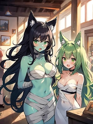 2girls, multiple_girls, animal ears, naked, middle breasts, bandages body,colored skin,deep green skin, looking another, wave mouth,indoor, museum,dark
