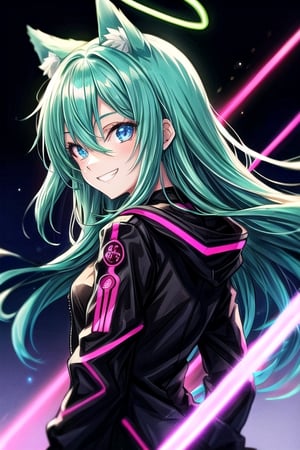 anime girl with bright blue eyes is wearing black and neon pink, 1girl, solo, animal ears, smile, green hair, jacket, long hair, glowing, grin,from back, glowing eyes, black jacket, evil smile, crazy smile, long sleeves, hair between eyes, bangs,evangelion,neon lighting background,halo,neon,night street
