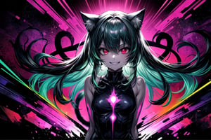 1girl,solo,cat ears, animal ears,green hair, middle hair,small breasts,red eyes, glowing,glowing eyes,evil smile,crazy smile,(abstract art:1.3,psychedelia theme:1.2)