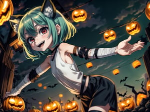 1girl,solo,green hair, short hair,red eyes,open mouth, animal ears, bandages arms, bandages hands,outstretched hand,jack-o-lantern,Halloween,nighttime, evil smile, crazy smile,evil face