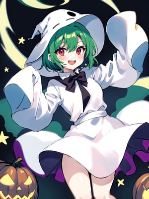 ghost costume, white sleeves past wrists, Halloween, evil smile, crazy smile,night,green hair, short hair,red eyes,1girl,solo,vampire