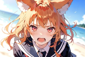 dynamic angle,beach background, blurry_background,seifuku, screaming, yelling,tears streaming down her face,solo, animal ears,fox ears, orange hair,sad,red eyes, glowing eyes, looking at viewer,screaming, cowboy shot ,masterpiece, best quality, aesthetic