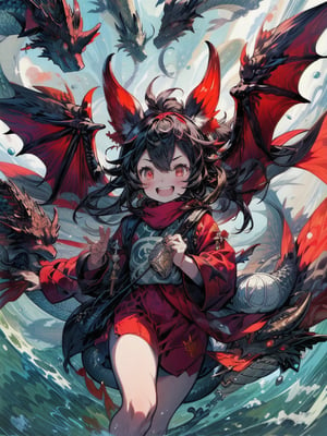 best quality, masterpiece, illustration, 1 girl, solo, (Animal ear: 1.1), dragon ears, dragon tail,dragon wings,(dragon scales:1.2), dragon girl, dragon, downy,red eyes, glowing eyes, crazy smile, flying, waving wings