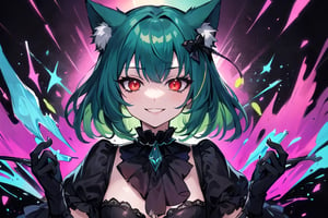 1girl,solo,cat ears, animal ears,green hair, middle hair,small breasts,red eyes, glowing,glowing eyes,gothic_lolita,gothic,evil smile,crazy smile,(abstract art:1.3,psychedelia theme:1.2),castle background ,glass fragments, (glass splinter in the air:1.1)