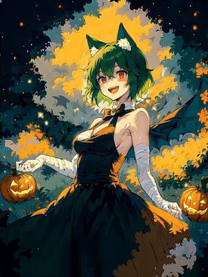 ghost costume, white sleeves past wrists, evil smile, crazy smile,night,green hair, short hair,red eyes,1girl,solo,open mouth, animal ears, bandages arms, bandages hands,outstretched hand,jack-o-lantern,Halloween,EpicArt