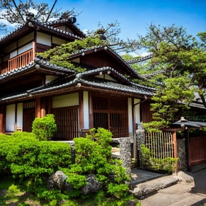 a small japanese villa with a stone fence and a stone wall