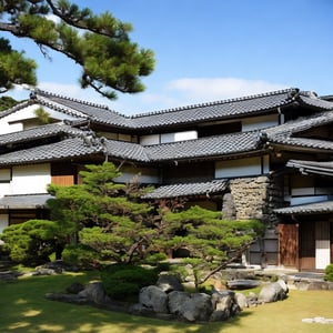 a small japanese villa with a stone fence and a stone wall